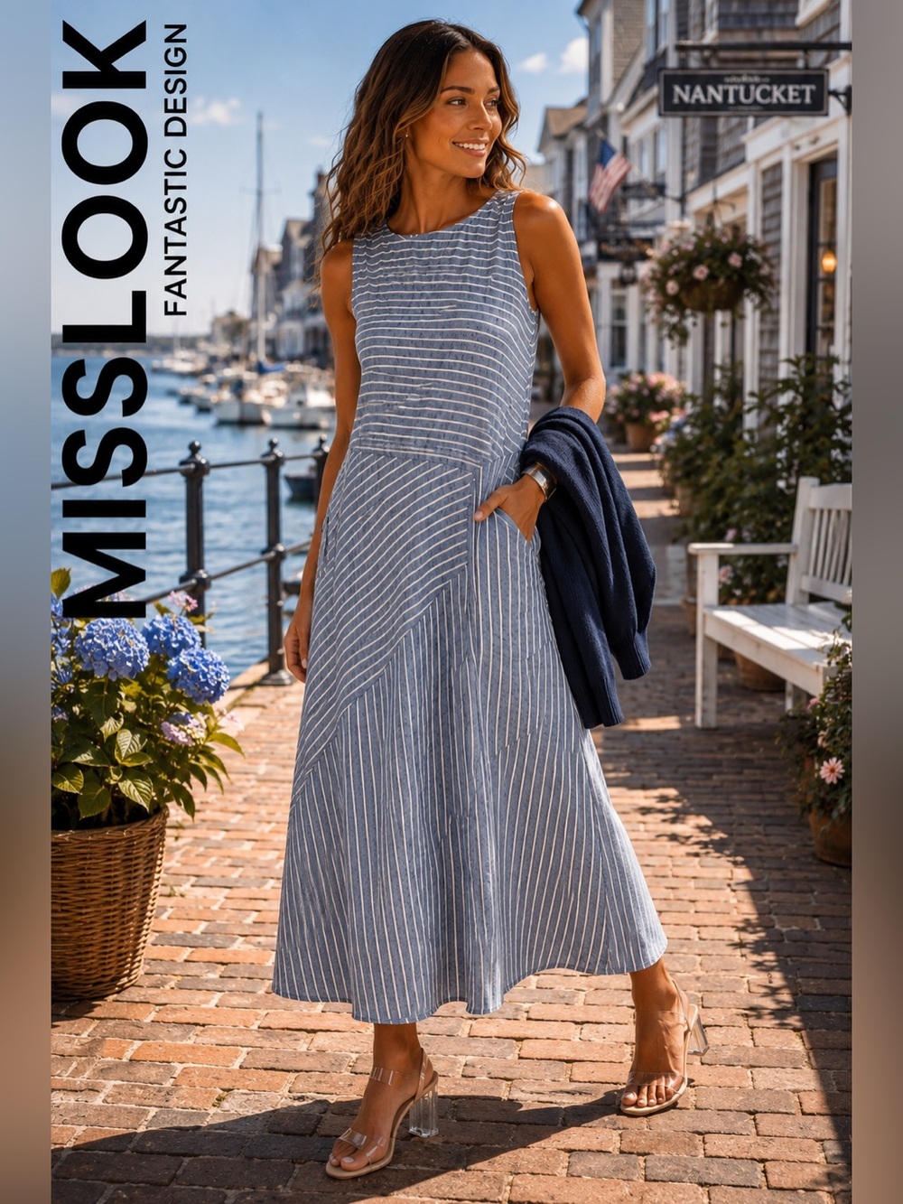 Misslook Blue Stripe Patchwork Pocket A-Line Maxi Dress Cotton Blend,Size Small